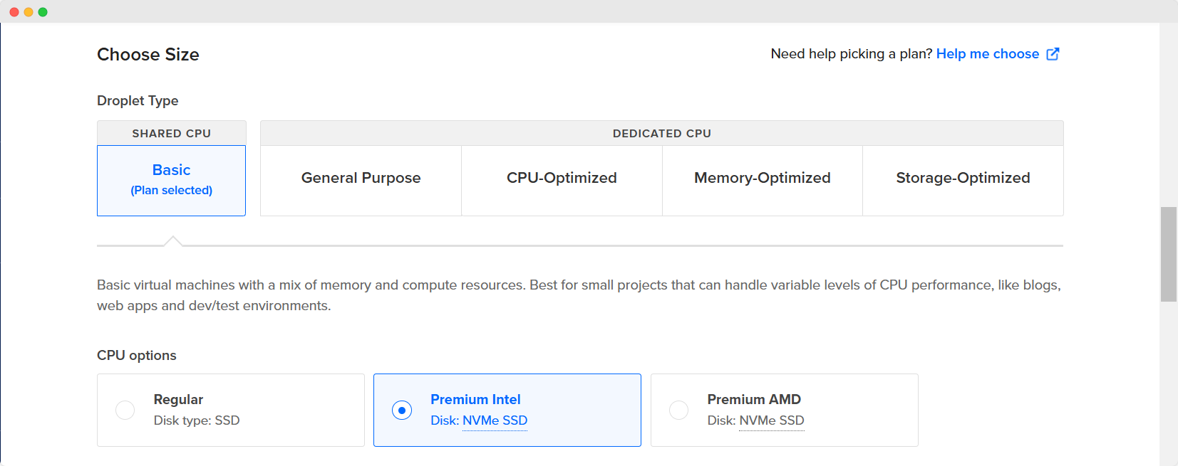 DigitalOcean Droplet Type and CPU Options