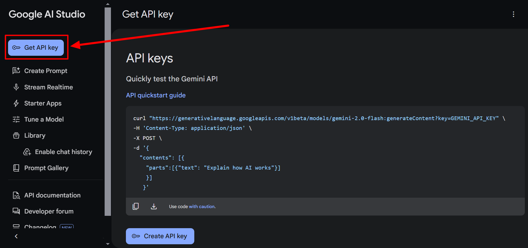 Gemini API Studio - Get API Key
