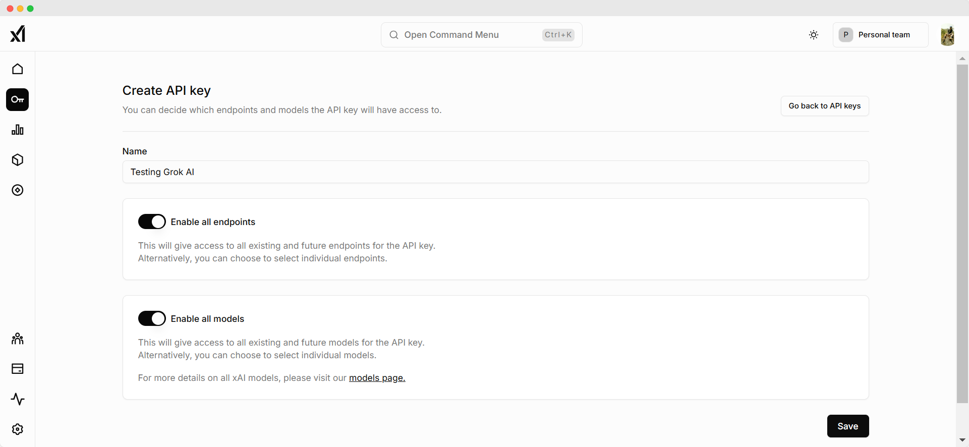 Grok xai create api key