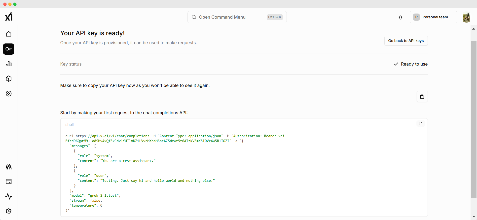 Grok xAI Generated API Key