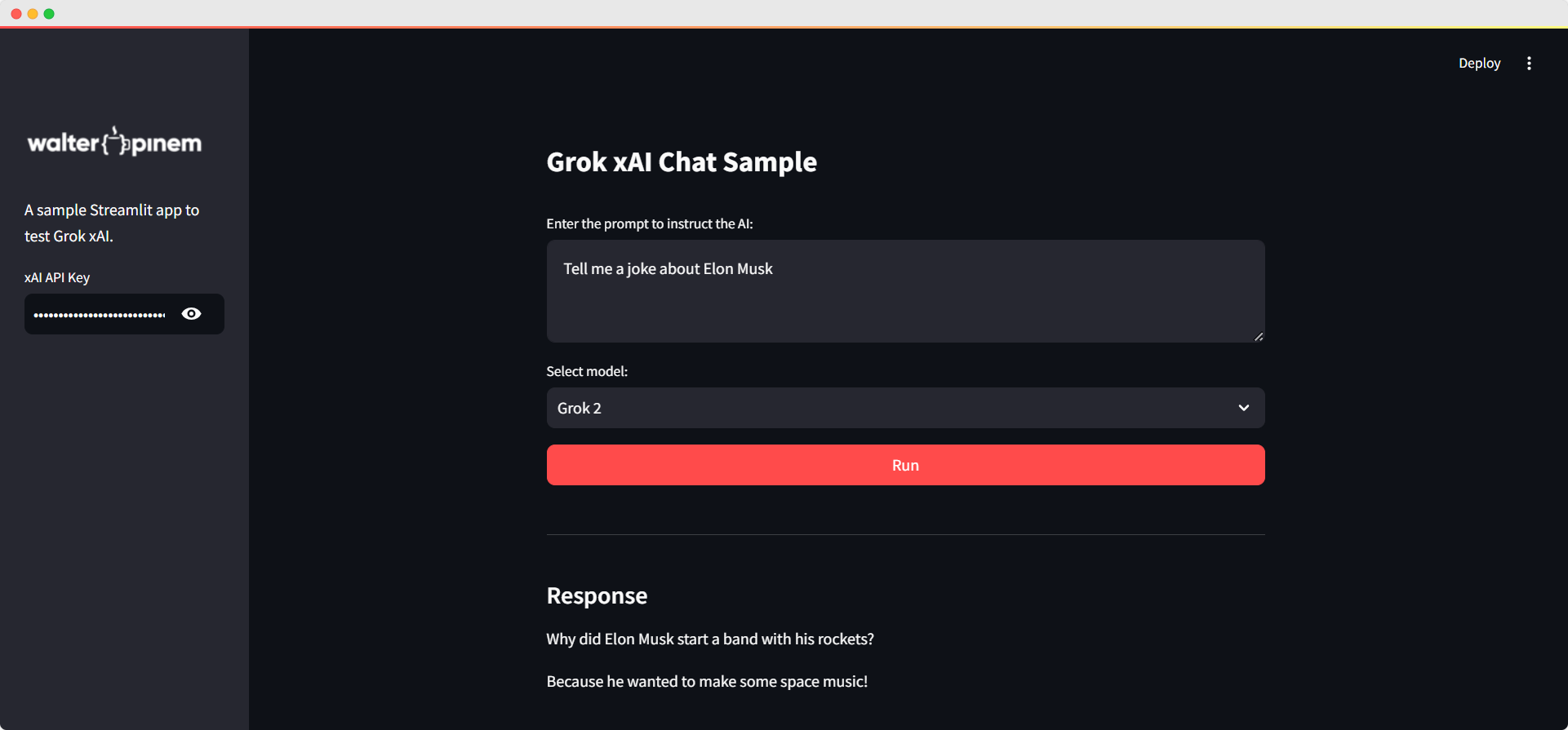 Grok xAI Python Streamlit App Interface