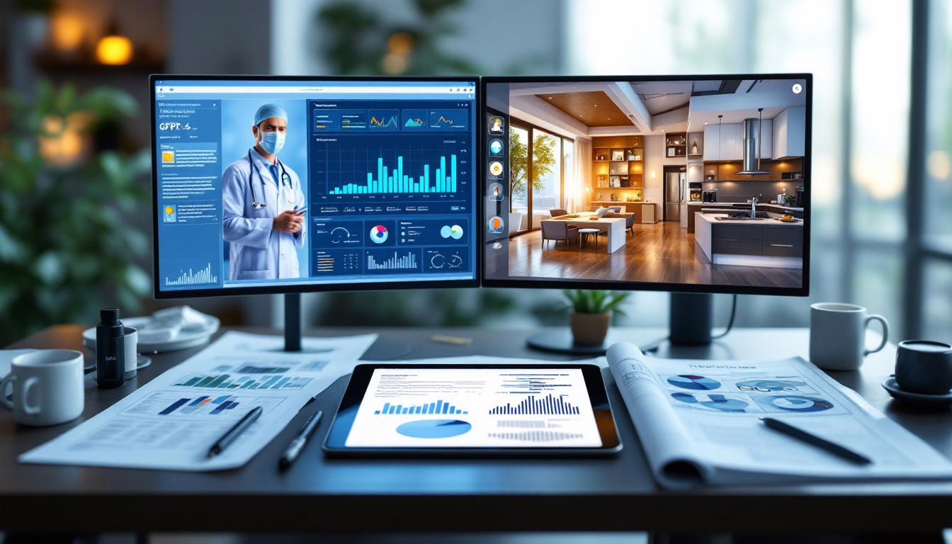 Dual monitors displaying data analytics and a virtual kitchen setting, with a tablet showing charts on a modern office desk.