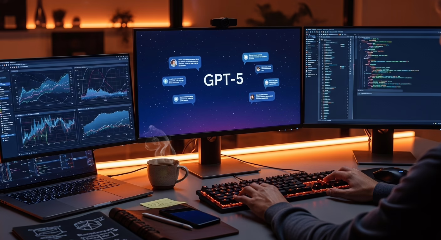 Person coding on a dual-monitor setup, showcasing data analytics and OpenAI GPT-5 insights, with a coffee cup on the desk.
