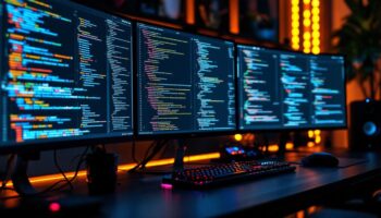 Dual computer monitors displaying colorful coding scripts in a modern workspace, with a stylish keyboard and mouse.