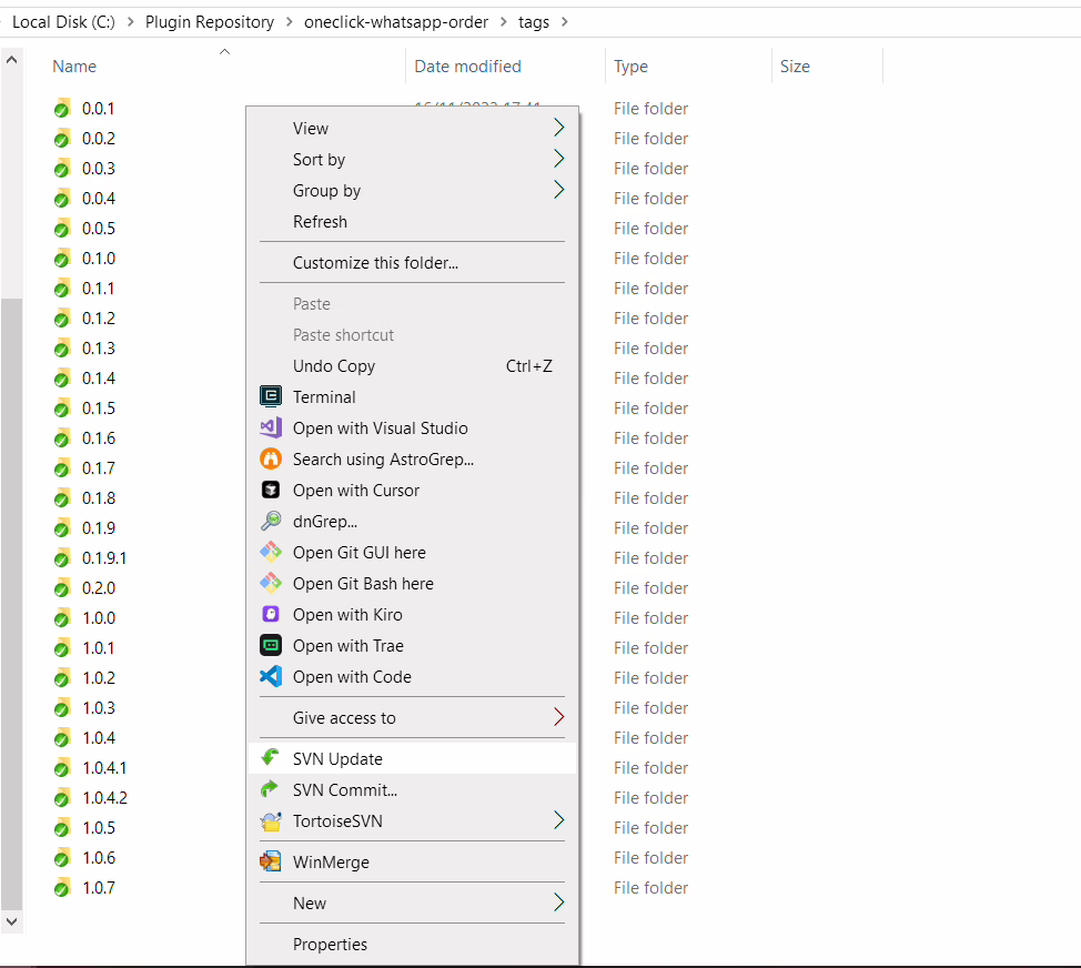 Step by step wordpress plugin updates with tortoisesvn step 10