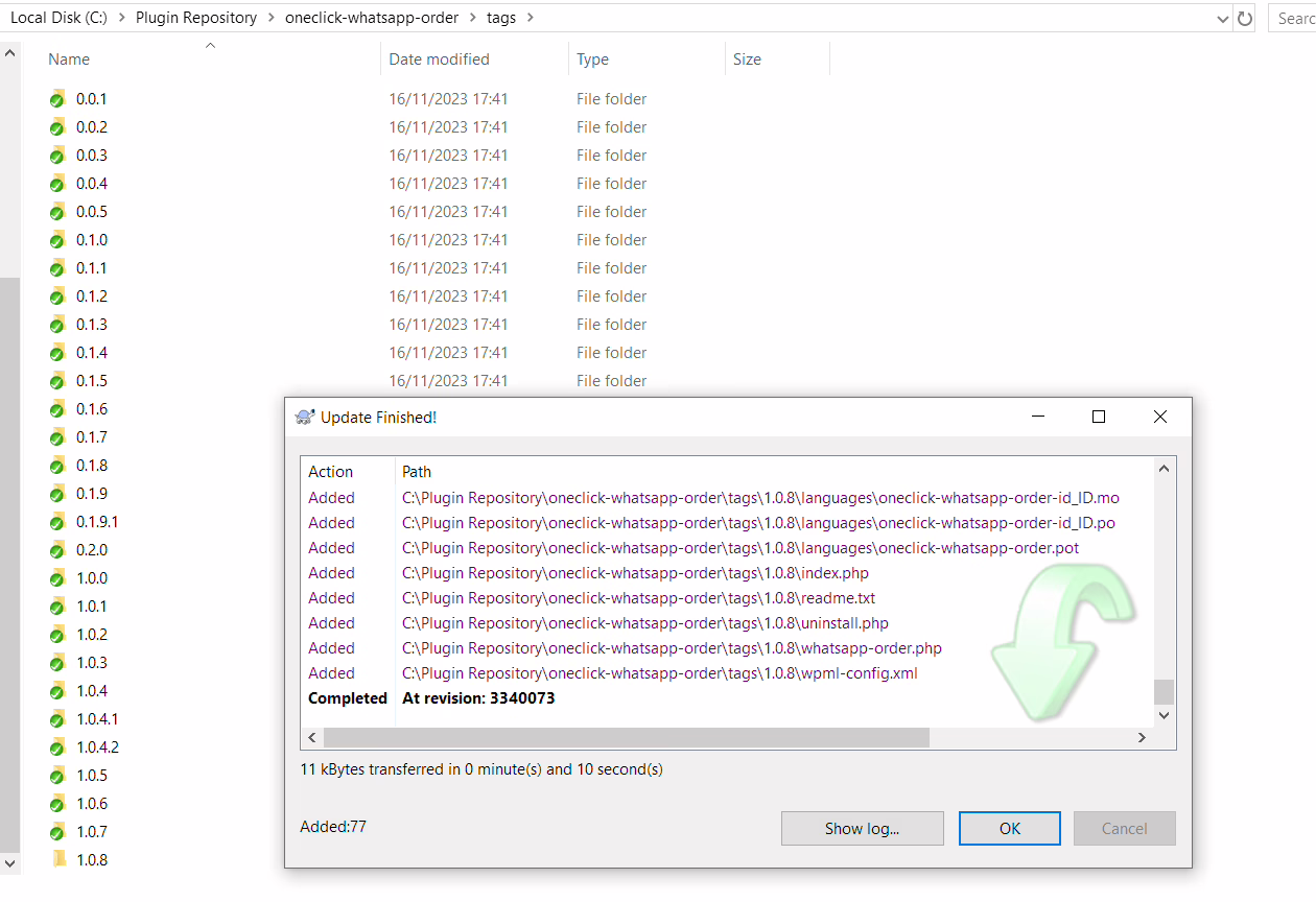 Step by step wordpress plugin updates with tortoisesvn step 11