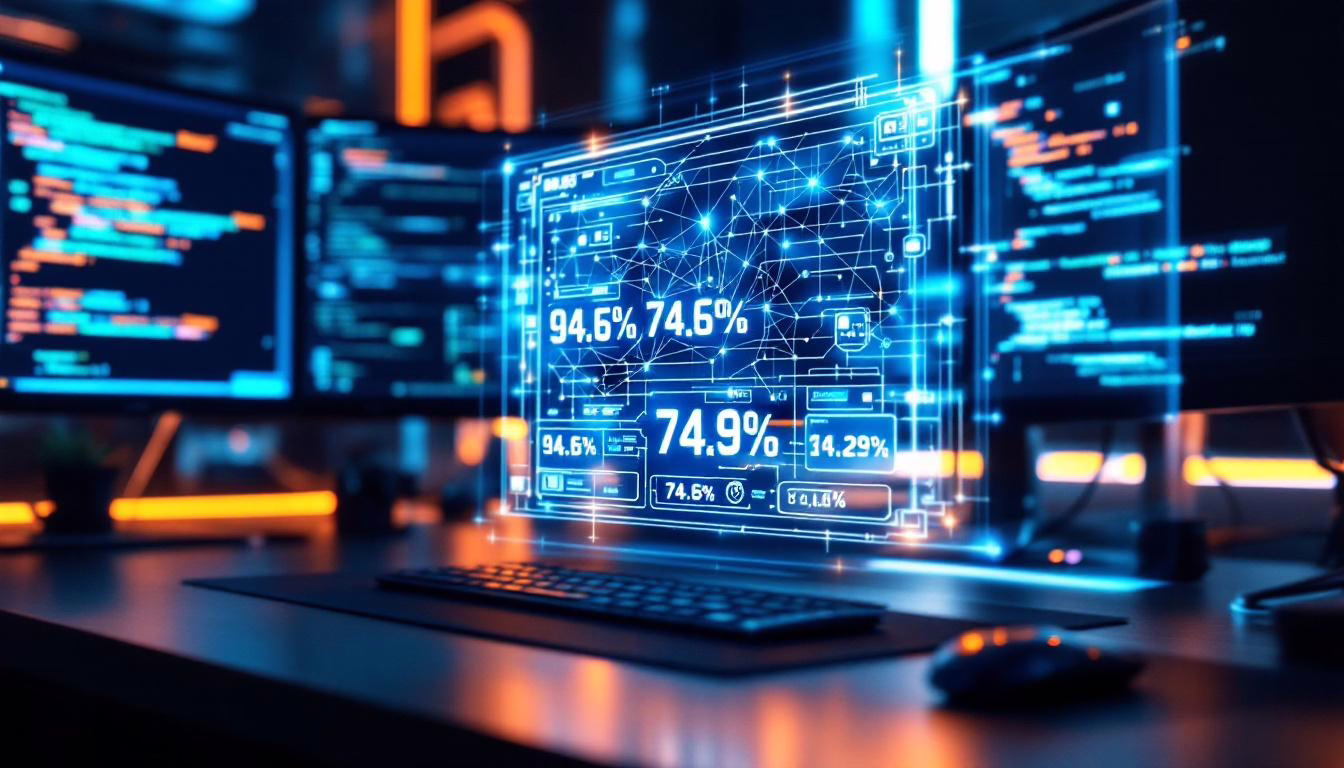 Data visualization on a computer screen displaying performance metrics and analytics in a futuristic interface, enhancing tech insights.