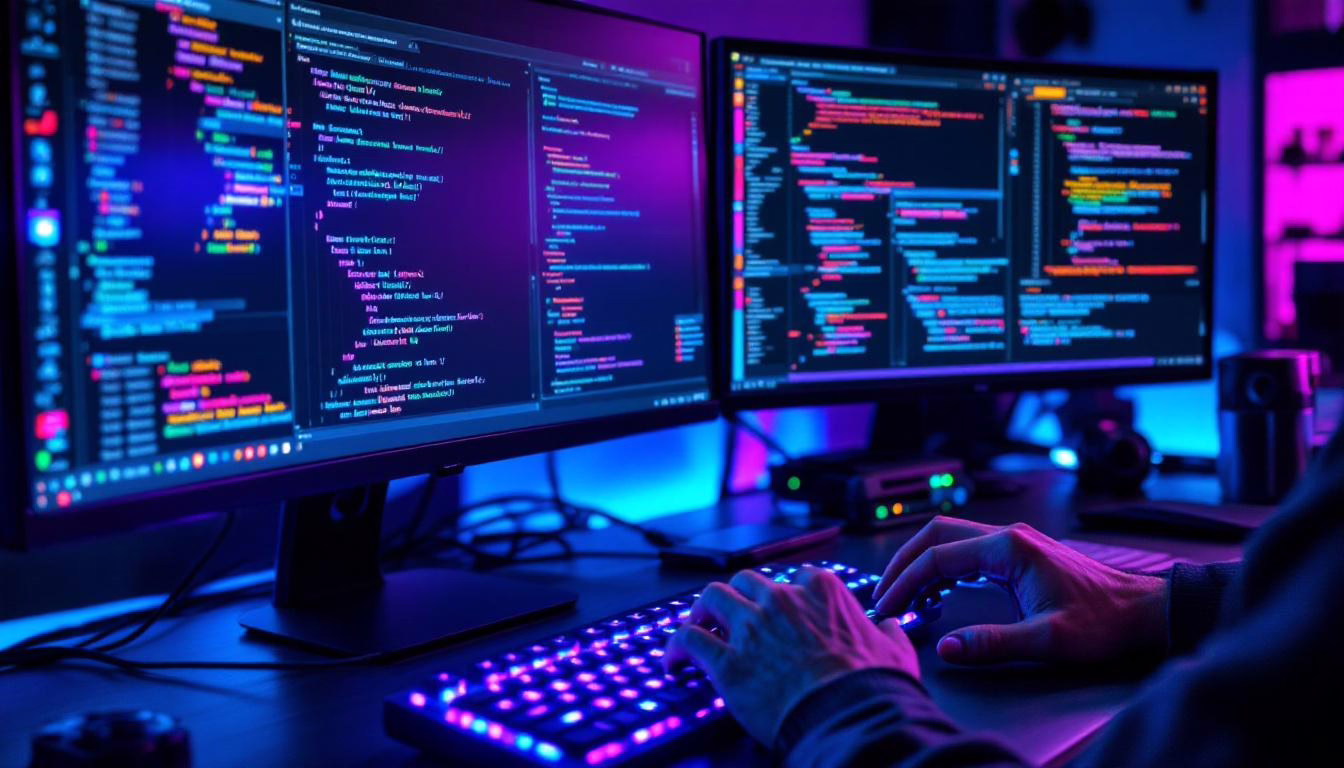 Code developer typing on a colorful gaming keyboard with dual monitors displaying vibrant programming code in a tech workspace.