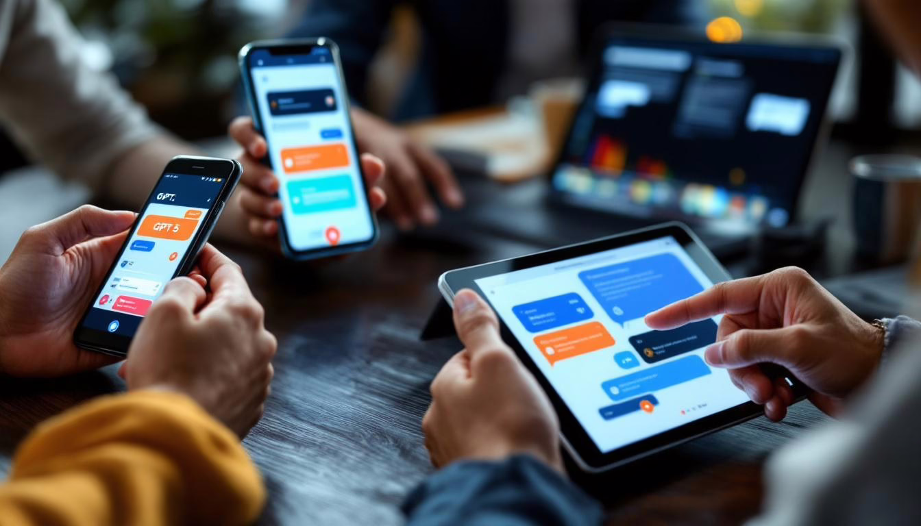 Group of people engaging with chat applications on smartphones and a tablet, showcasing interactive messaging technology in a collaborative workspace.
