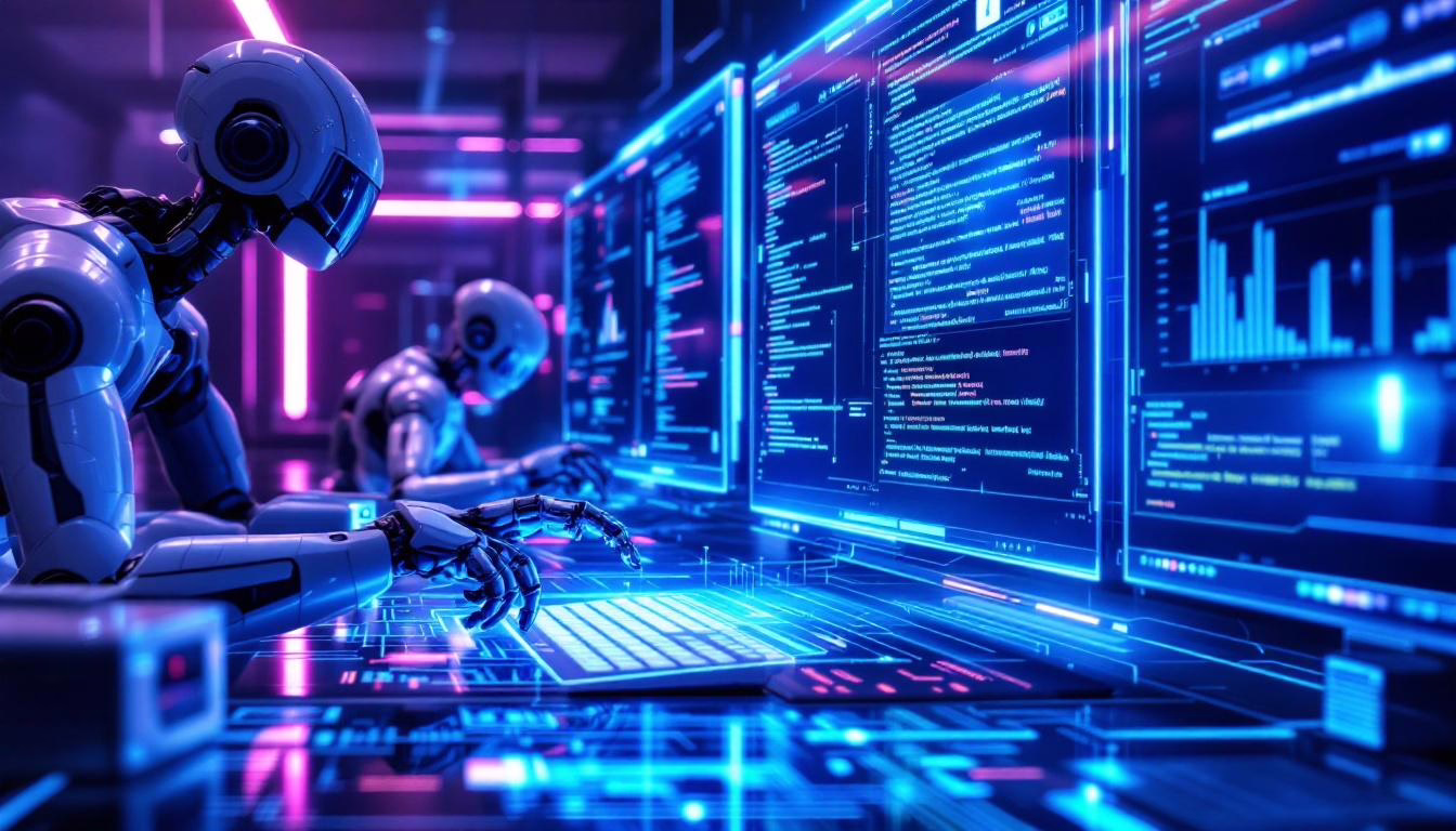 Robots programming on advanced computers in a neon-lit tech environment, showcasing artificial intelligence and coding activity.