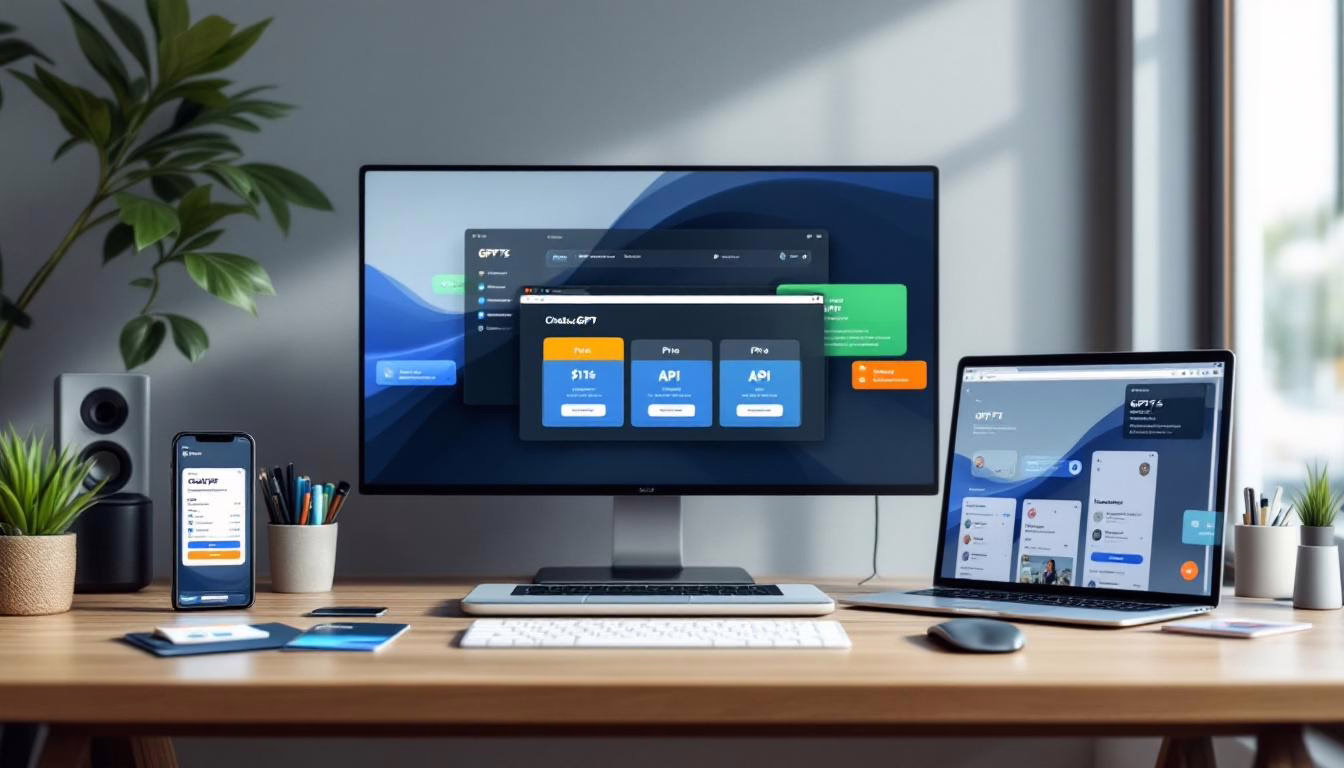 Modern workspace setup featuring multiple devices displaying ChatGPT interface, showcasing app features and usage statistics.
