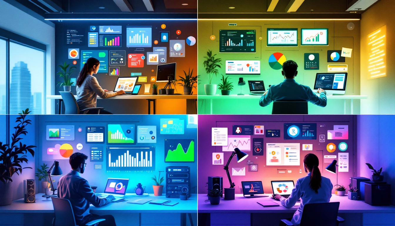 Collage of modern workspaces with professionals analyzing data on multiple screens featuring colorful charts and graphs.