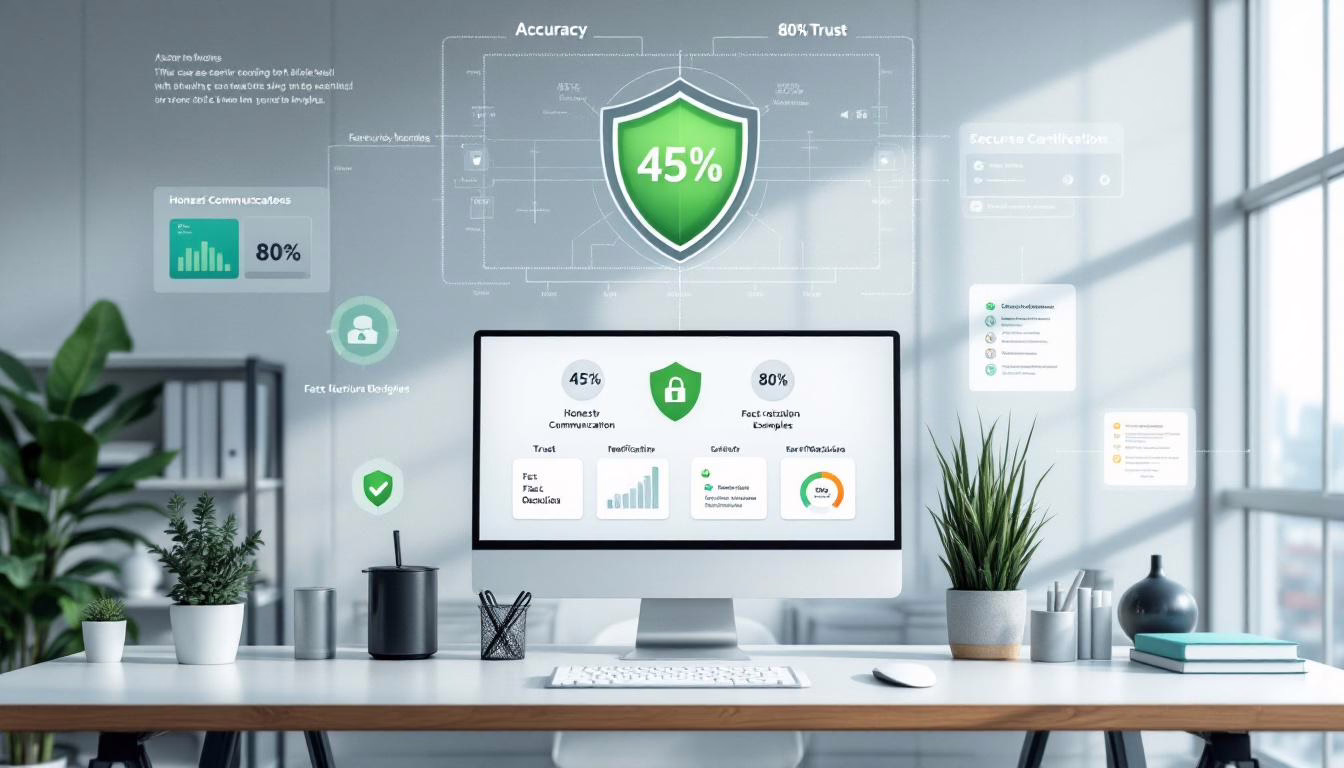 Dashboard display showing metrics for honest communication and trust, with visual data on accuracy and secure certification in a modern office.