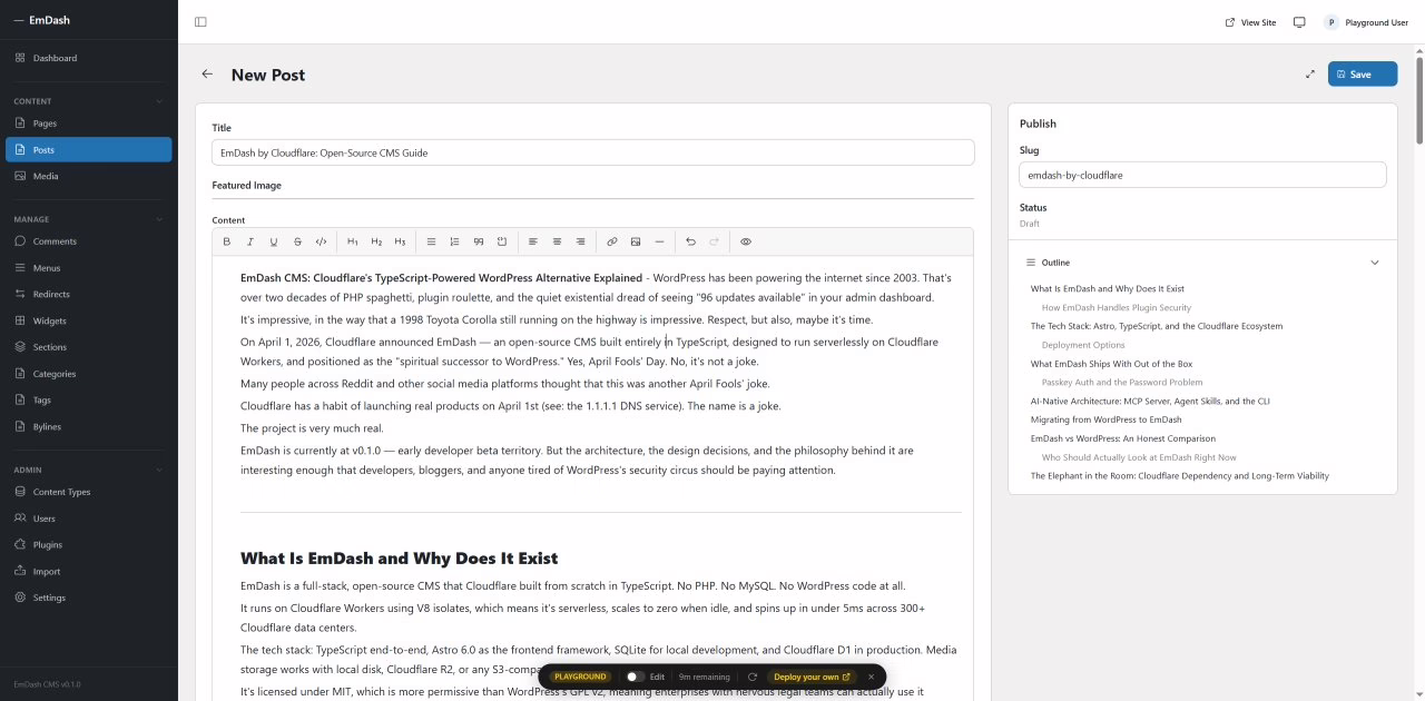 EmDash post editor screen