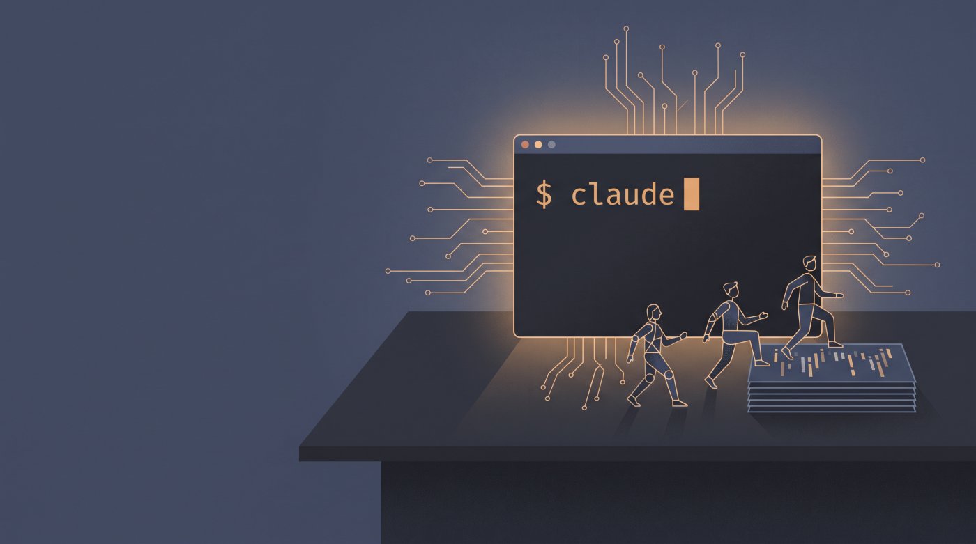 A digital interface labeled "claude" shows abstract figures engaging with floating data sheets, hinting at coding tasks.