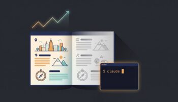An open book with travel-related illustrations alongside a coding interface symbolizes an SEO workflow for travel blogs.