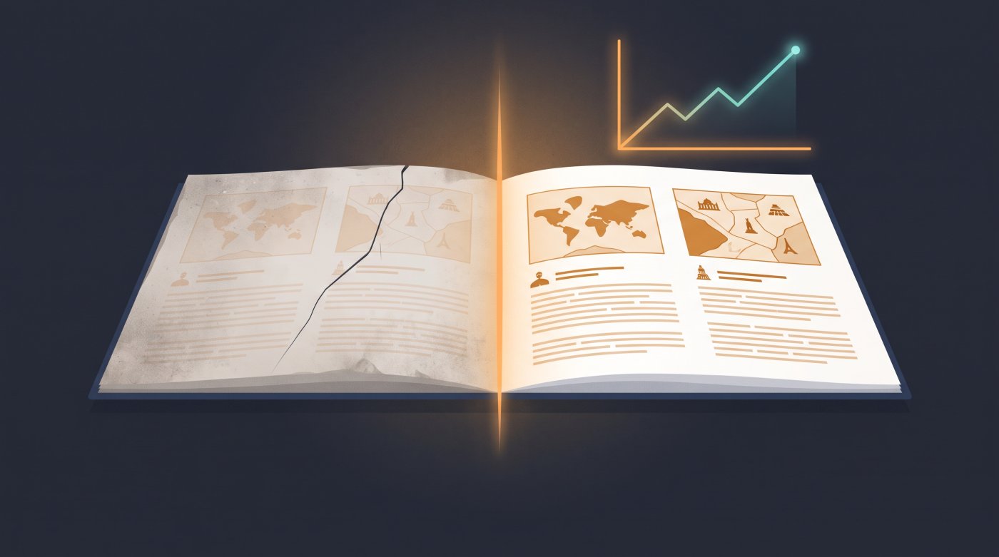 An open, slightly damaged travel book with maps, text, and a rising graph symbolizing improved SEO performance.